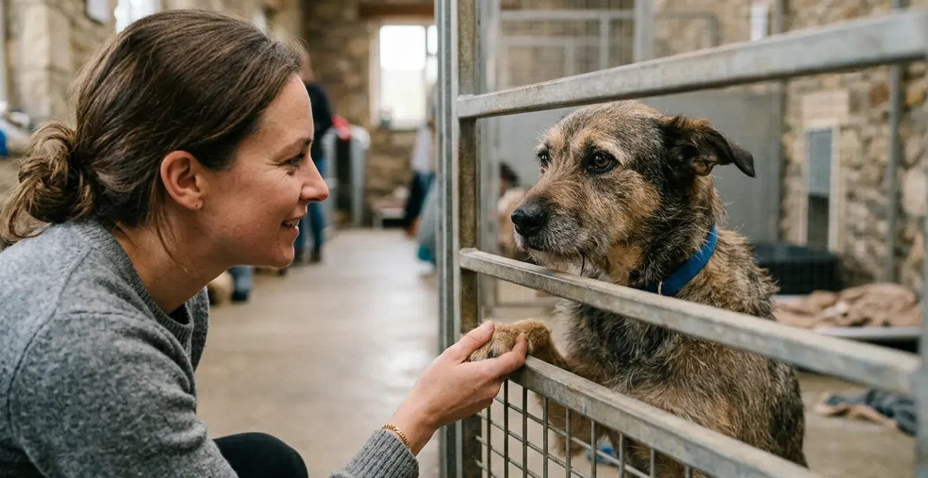 Moment de connexion entre un adoptant et un chien adulte derrière les barreaux d'un refuge