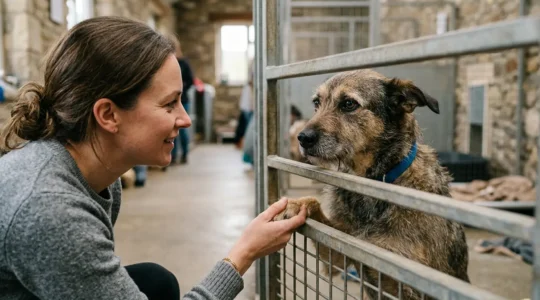 Moment de connexion entre un adoptant et un chien adulte derrière les barreaux d'un refuge