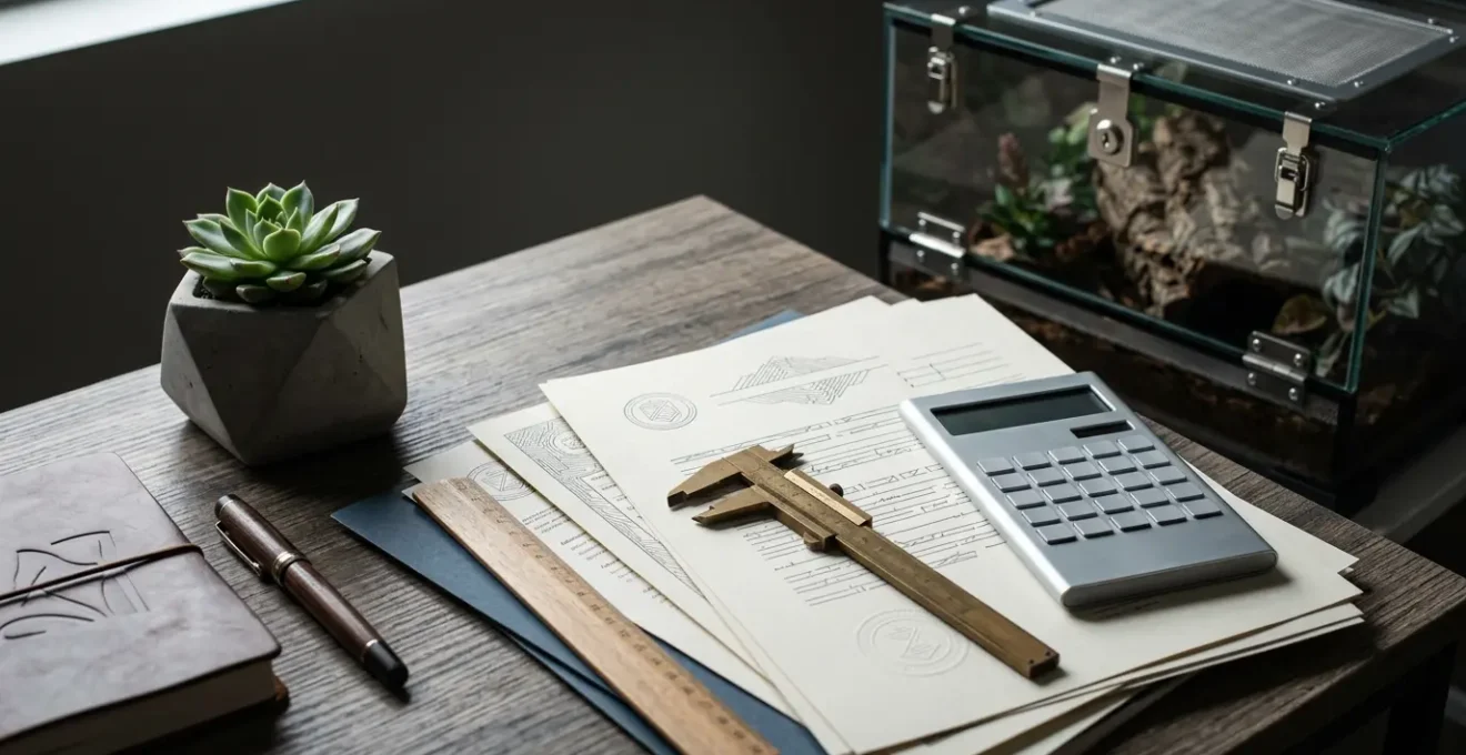 Préparation méthodique des documents légaux pour l'adoption d'un reptile, avec terrarium sécurisé et paperasse administrative