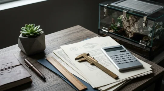 Préparation méthodique des documents légaux pour l'adoption d'un reptile, avec terrarium sécurisé et paperasse administrative