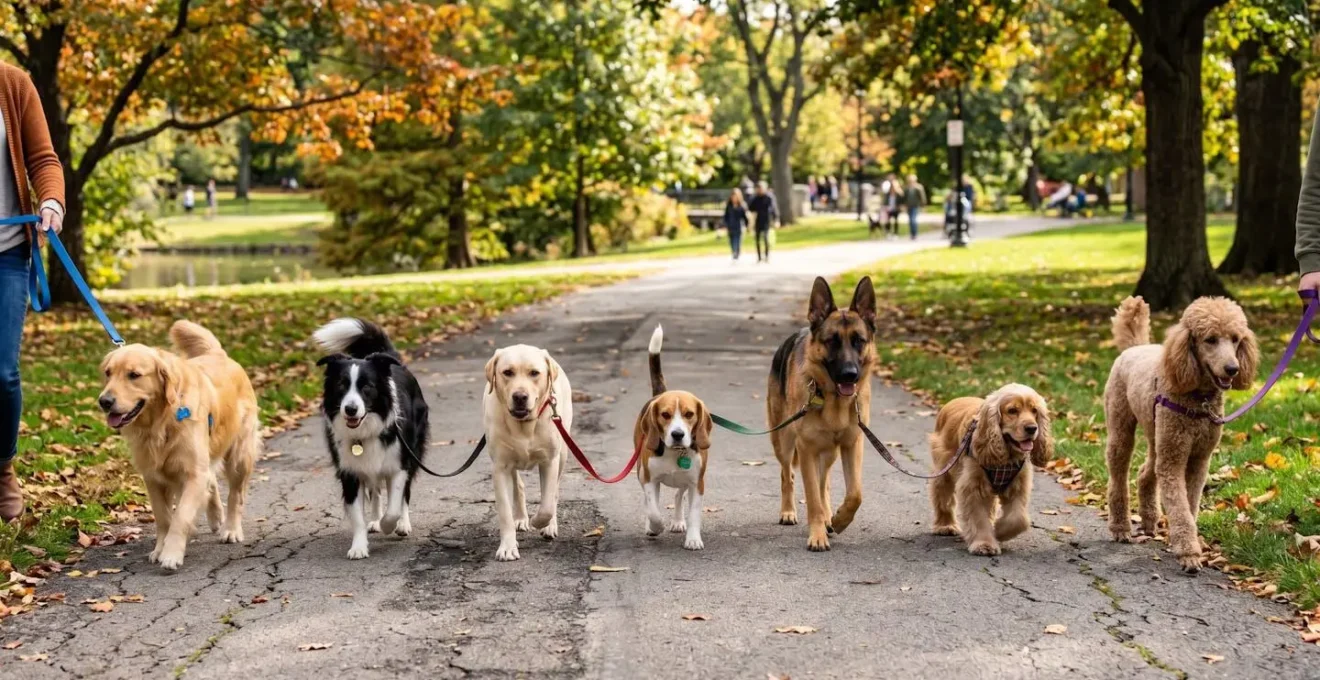 Groupe de chiens en laisse marchant parallèlement dans un parc avec espacement régulier