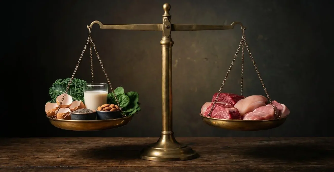 Balance symbolique montrant l'équilibre entre calcium et phosphore avec des aliments naturels