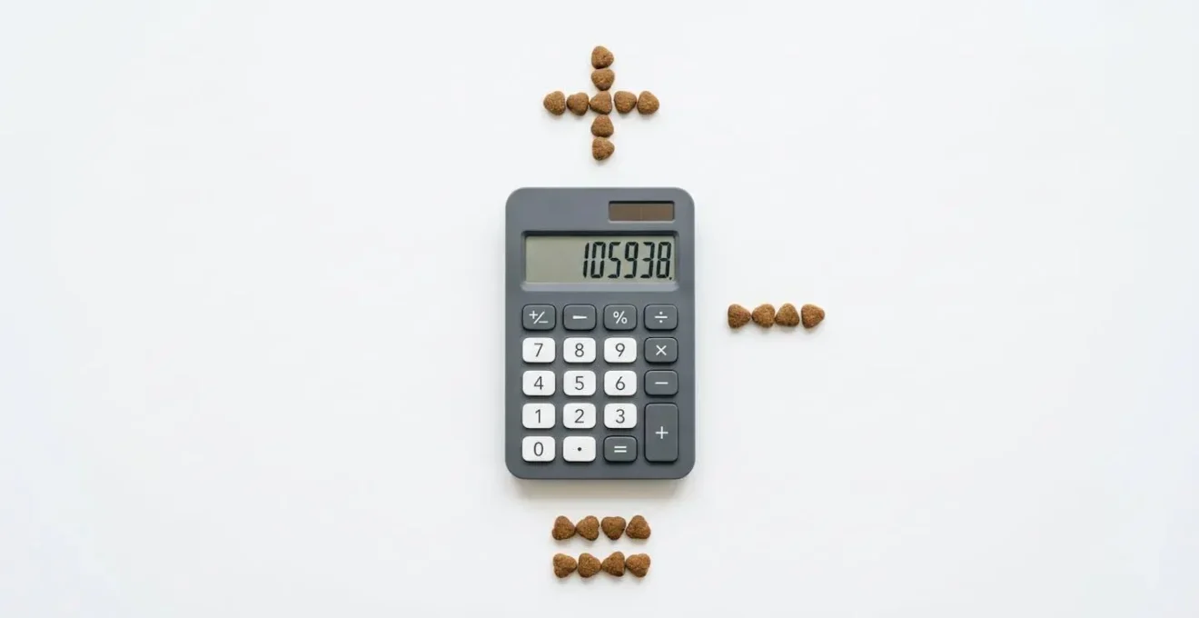 Vue aérienne minimaliste d'une calculatrice et de croquettes disposées en équation mathématique