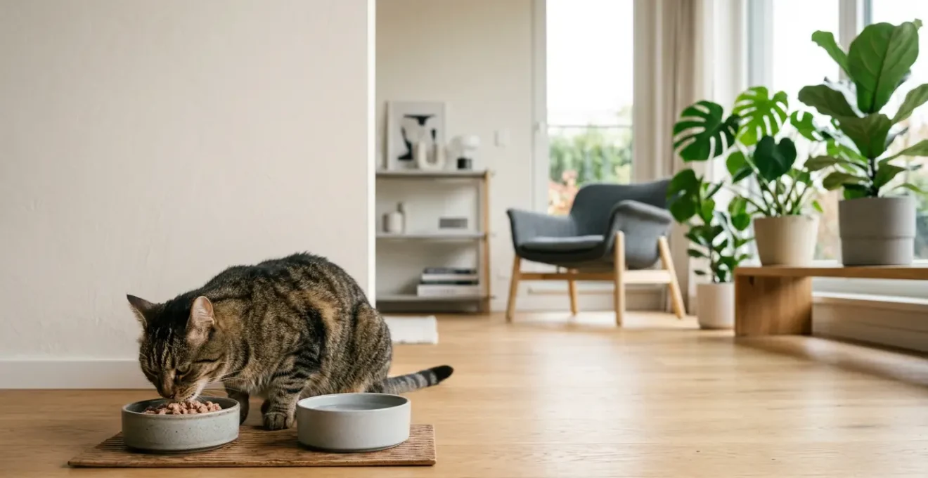 Chat d'appartement en train de manger de la nourriture humide dans un environnement domestique moderne