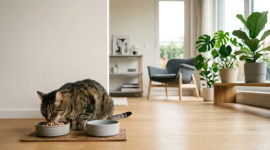 Chat d'appartement en train de manger de la nourriture humide dans un environnement domestique moderne