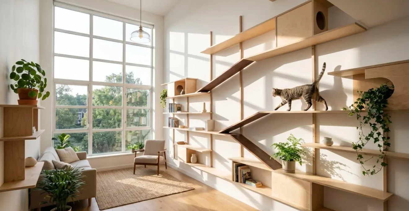 Chat explorant un environnement vertical enrichi avec étagères et cachettes murales dans un appartement lumineux