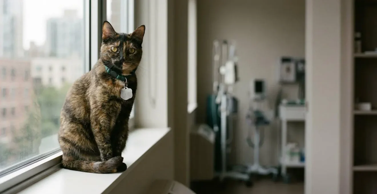 Chat domestique dans un appartement moderne avec documents administratifs flous en arrière-plan, évoquant l'obligation légale d'identification