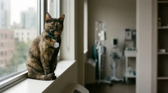 Chat domestique dans un appartement moderne avec documents administratifs flous en arrière-plan, évoquant l'obligation légale d'identification