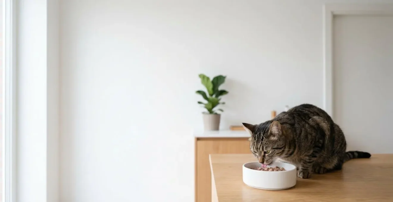 Chat tigré buvant dans une gamelle avec croquettes réhydratées, environnement minimaliste