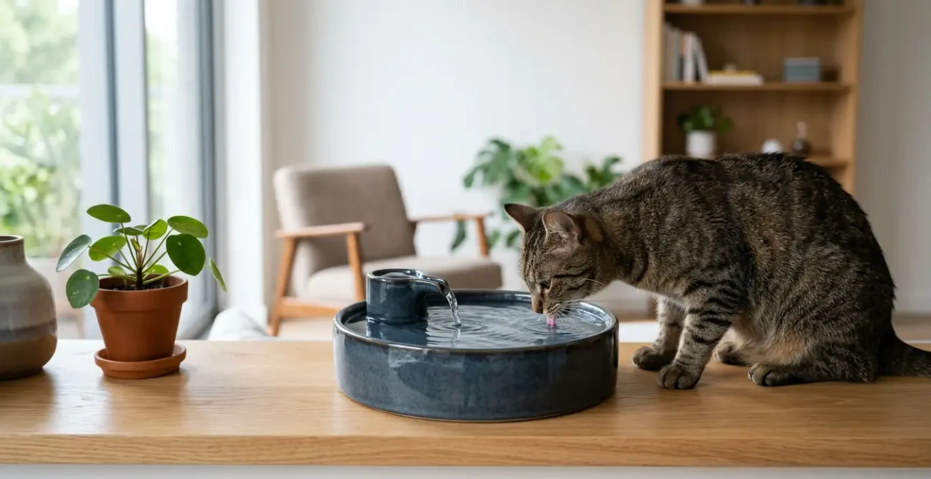 Chat gris européen buvant dans une fontaine à eau en céramique blanche dans un intérieur contemporain