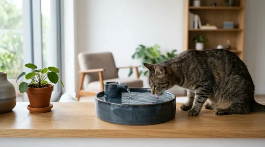 Chat gris européen buvant dans une fontaine à eau en céramique blanche dans un intérieur contemporain