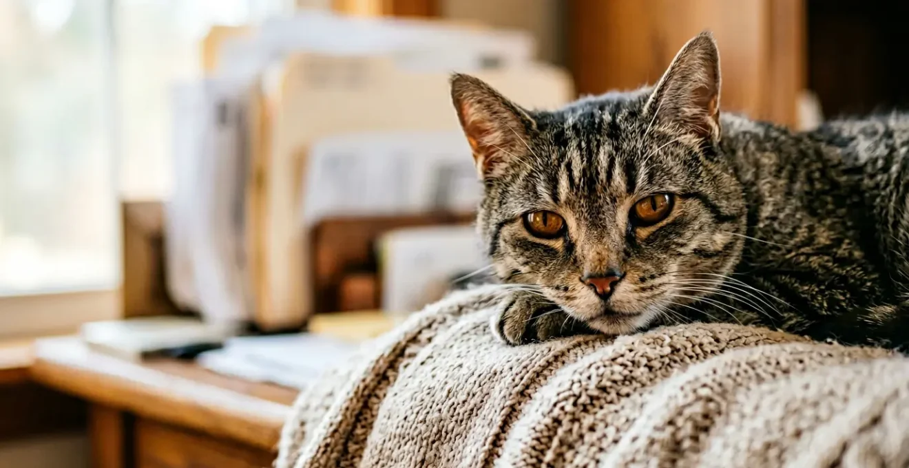 Portrait d'un chat tigré senior avec une expression contemplative, entouré de documents flous en arrière-plan