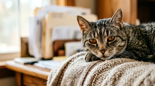 Portrait d'un chat tigré senior avec une expression contemplative, entouré de documents flous en arrière-plan