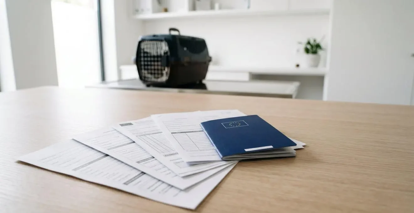 Bureau vétérinaire avec passeport européen pour animaux et documents administratifs disposés de manière artistique