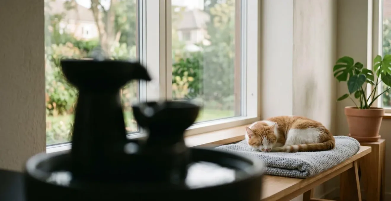 Chat âgé dans un environnement apaisant avec fontaine à eau au premier plan flou