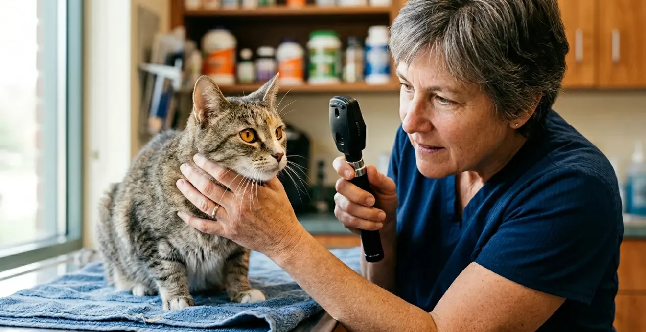 Chat âgé lors d'un examen ophtalmologique chez le vétérinaire avec micronutriments en arrière-plan