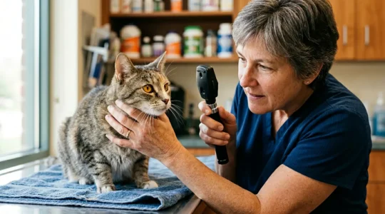 Chat âgé lors d'un examen ophtalmologique chez le vétérinaire avec micronutriments en arrière-plan