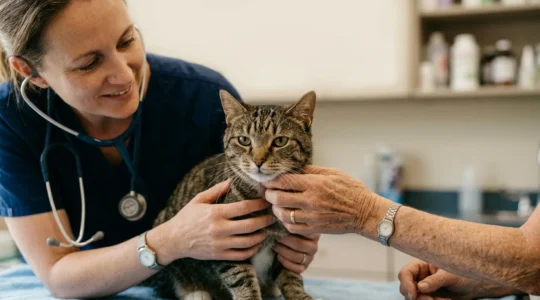 Chat senior chez le vétérinaire pour un examen rénal préventif