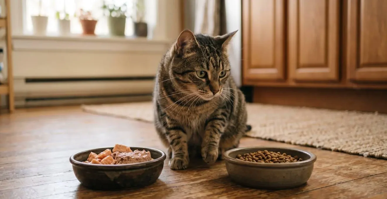 Chat tigré hésitant entre deux gamelles contenant pâtée et croquettes dans une cuisine lumineuse