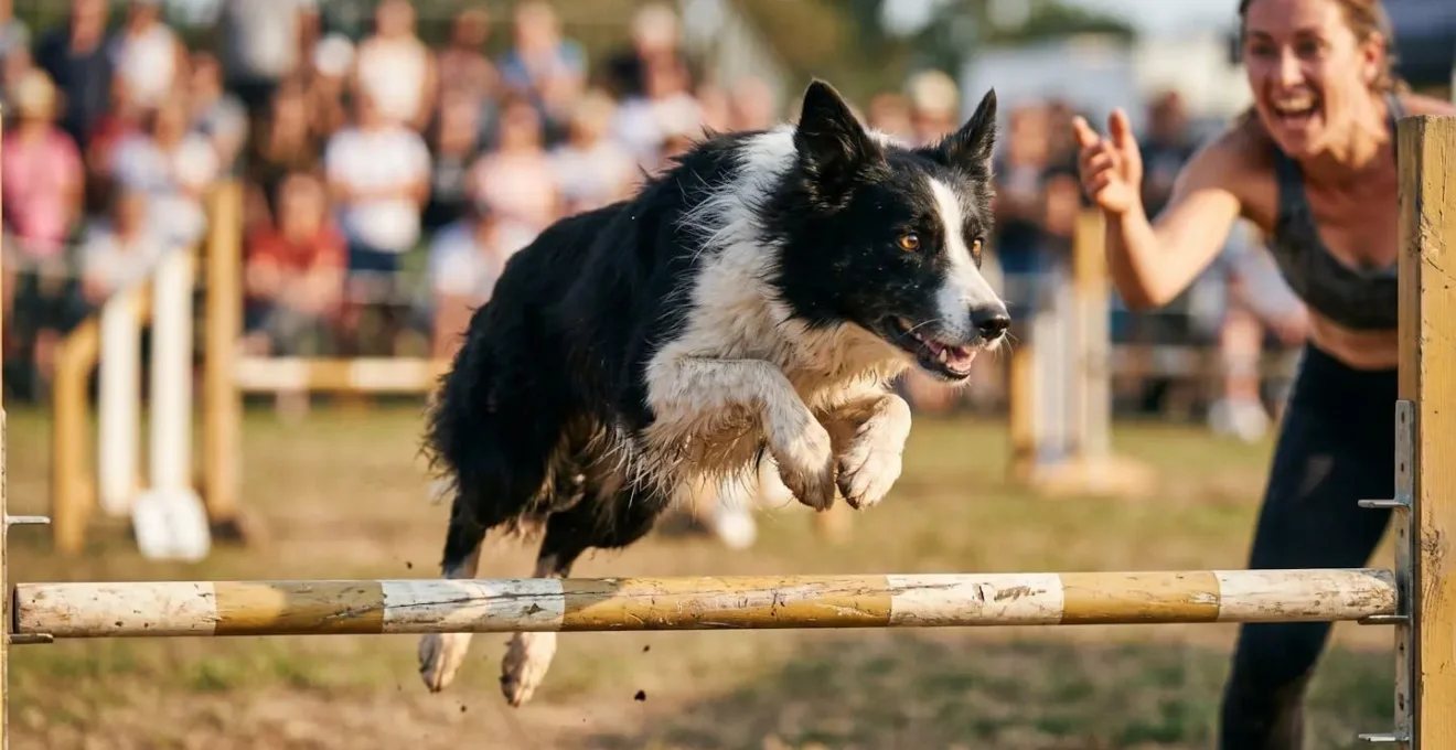 Border Collie franchissant un obstacle d'agility en compétition