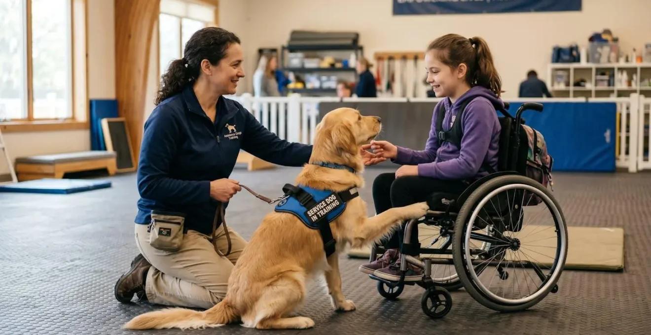 Scène de formation montrant un éducateur canin travaillant avec un chien d'assistance et son futur propriétaire dans un environnement calme