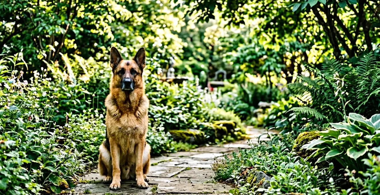 Berger allemand attentif en position assise dans un jardin verdoyant pendant une séance d'éducation positive
