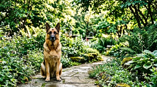 Berger allemand attentif en position assise dans un jardin verdoyant pendant une séance d'éducation positive