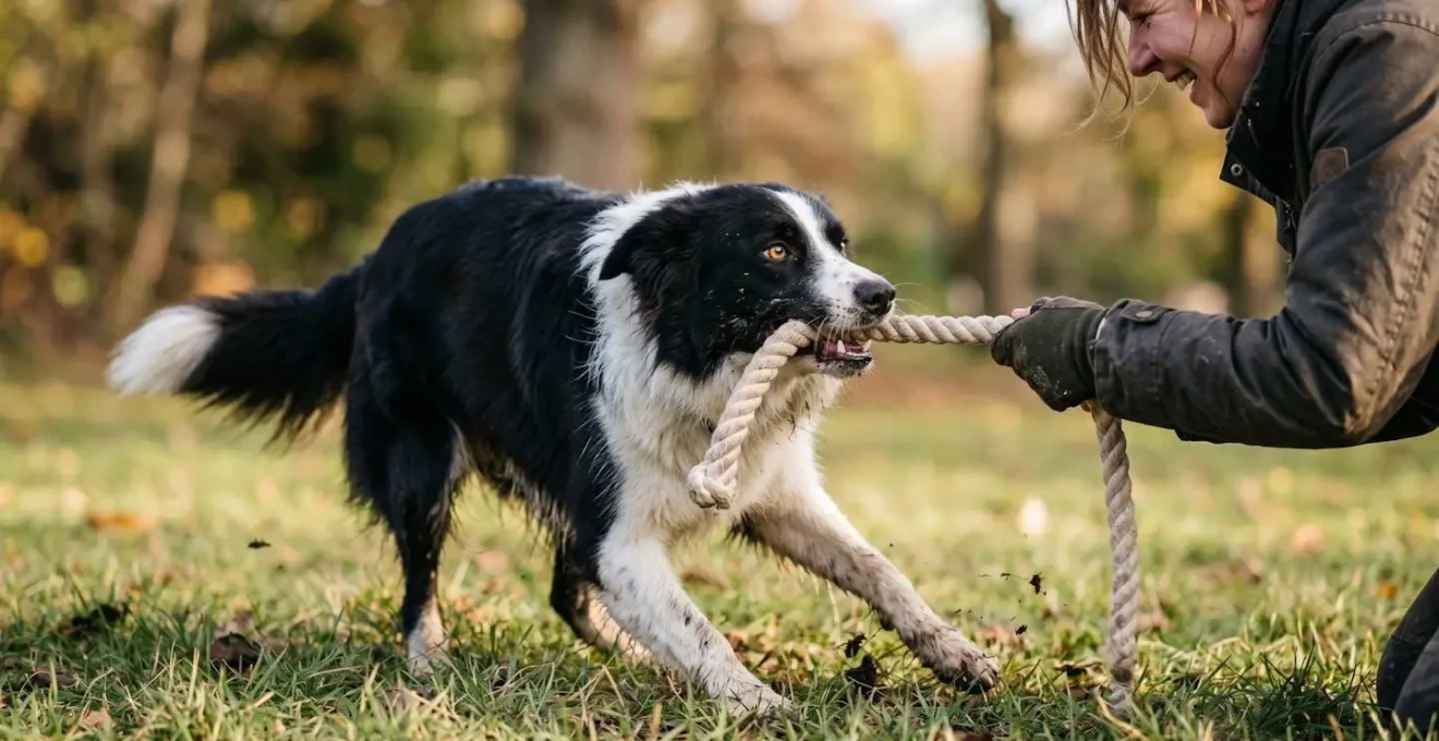 Chien de berger en pleine action avec un jouet de traction dans un environnement extérieur naturel