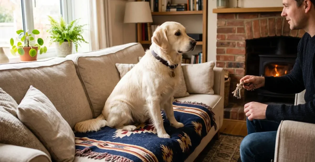 Chien attendant l'invitation du maître avec un plaid spécifique posé sur le canapé