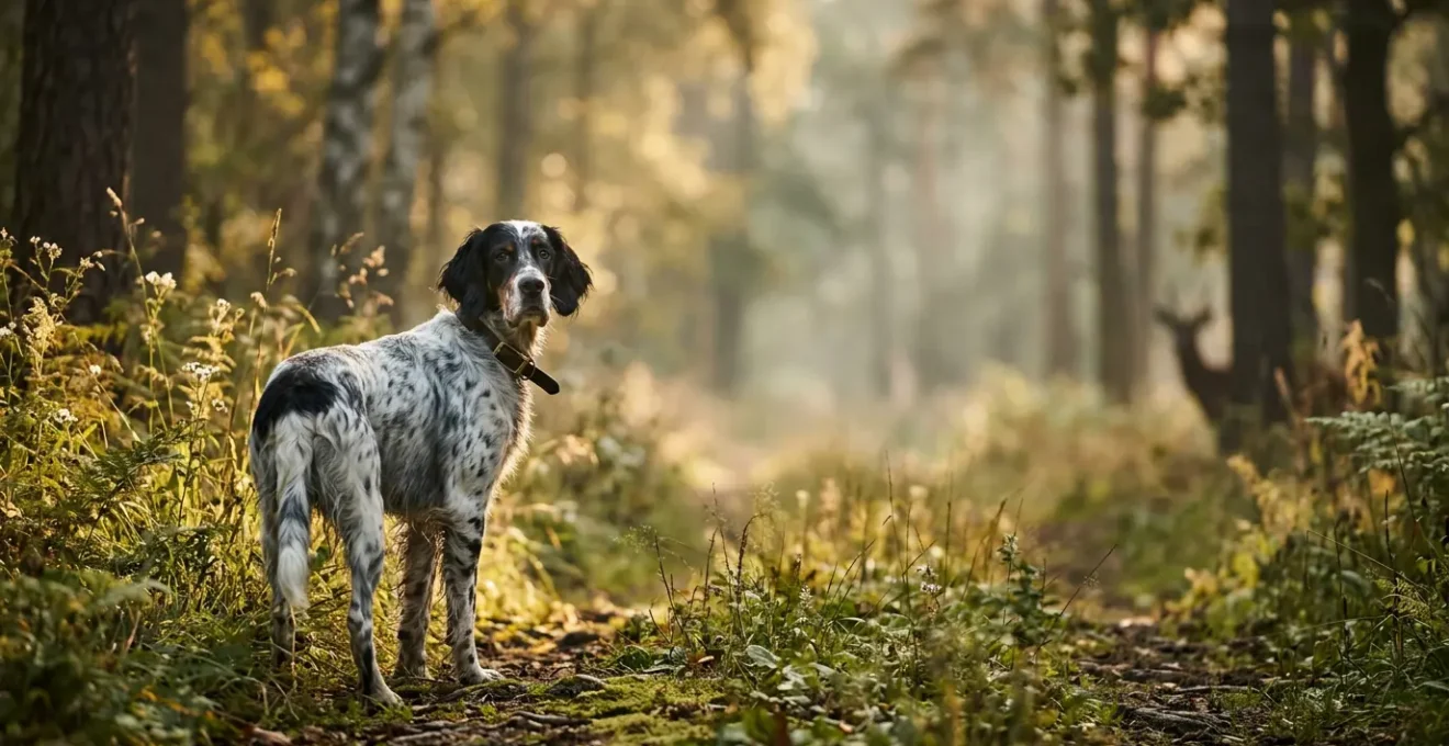 Chien de chasse attentif regardant son maître en forêt avec un chevreuil en arrière-plan flou