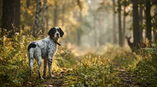 Chien de chasse attentif regardant son maître en forêt avec un chevreuil en arrière-plan flou