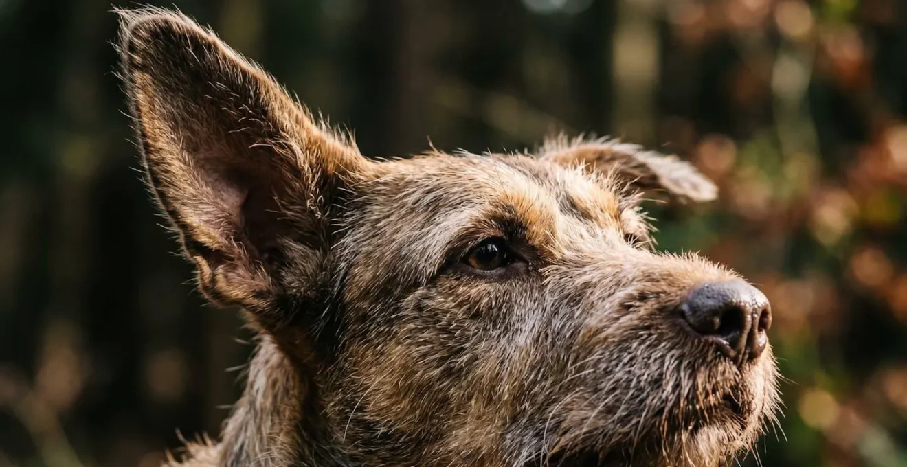 Gros plan sur museau de chien de chasse figé en position d'arrêt, oreilles dressées