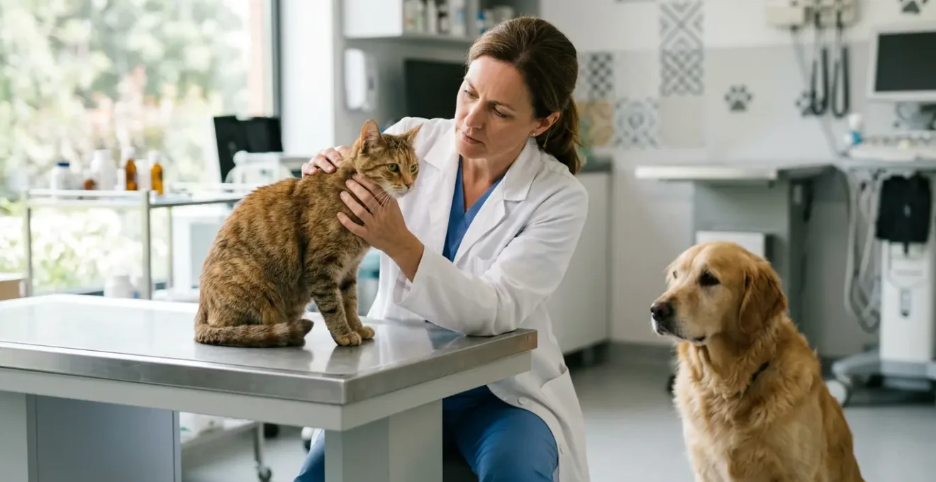 Un vétérinaire examinant le pelage d'un chat tandis qu'un chien attend à côté dans un cabinet lumineux
