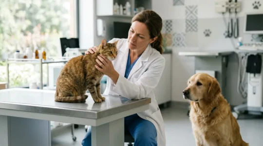 Un vétérinaire examinant le pelage d'un chat tandis qu'un chien attend à côté dans un cabinet lumineux