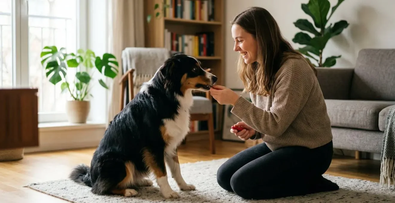 Chien et chat participant à une séance d'entraînement au clicker avec leur propriétaire dans un environnement détendu