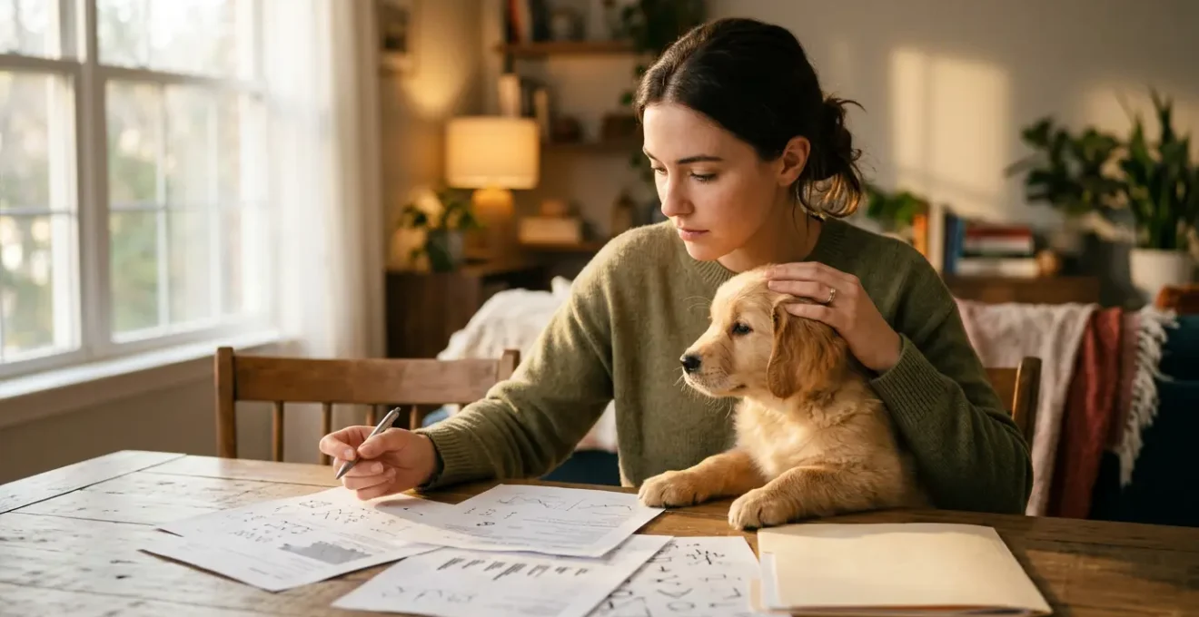 Chiot golden retriever avec son propriétaire consultant des documents vétérinaires pour choisir une mutuelle