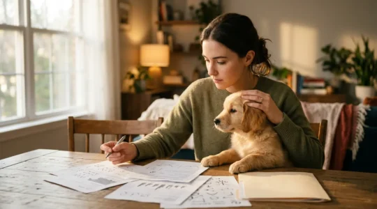 Chiot golden retriever avec son propriétaire consultant des documents vétérinaires pour choisir une mutuelle