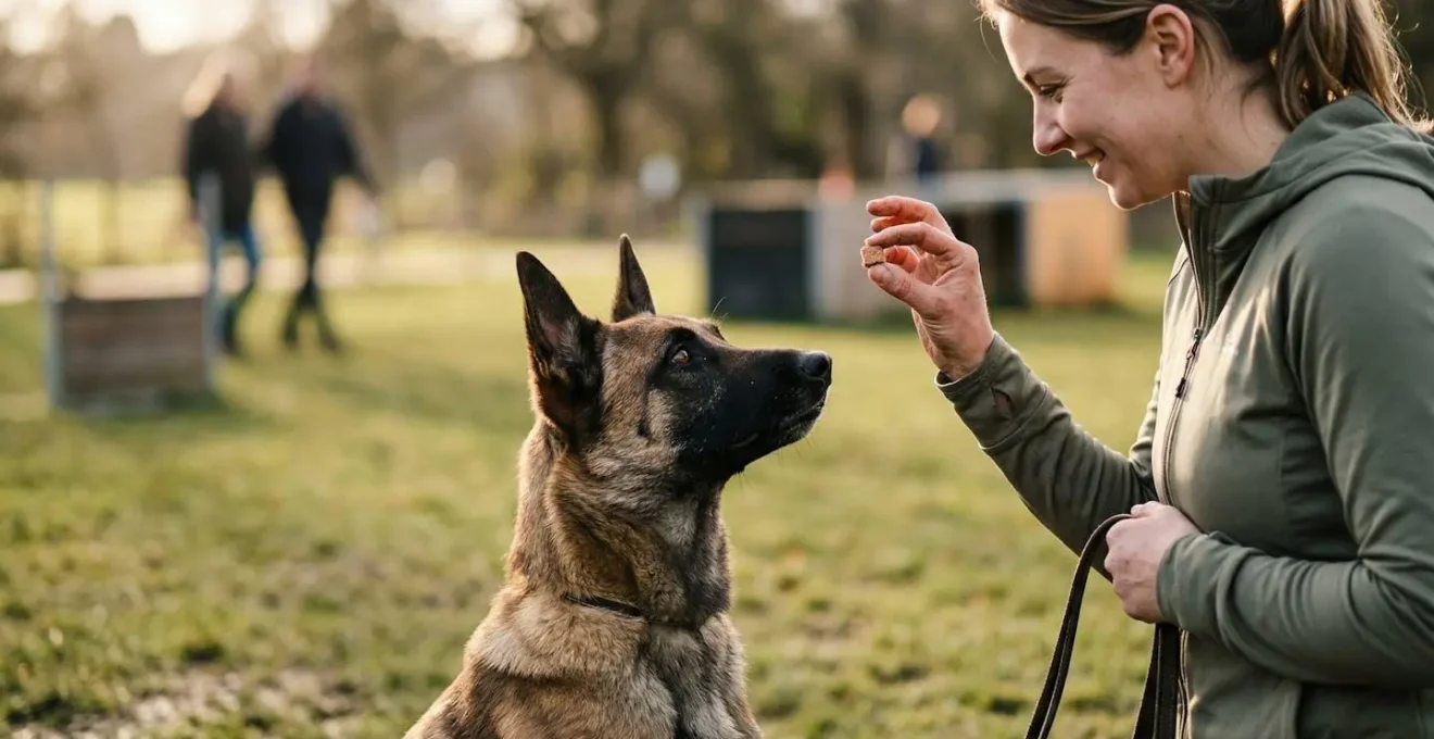 Chien attentif recevant une friandise saine pendant une séance d'éducation positive