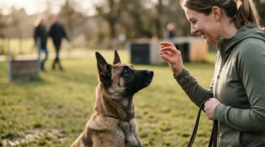 Chien attentif recevant une friandise saine pendant une séance d'éducation positive