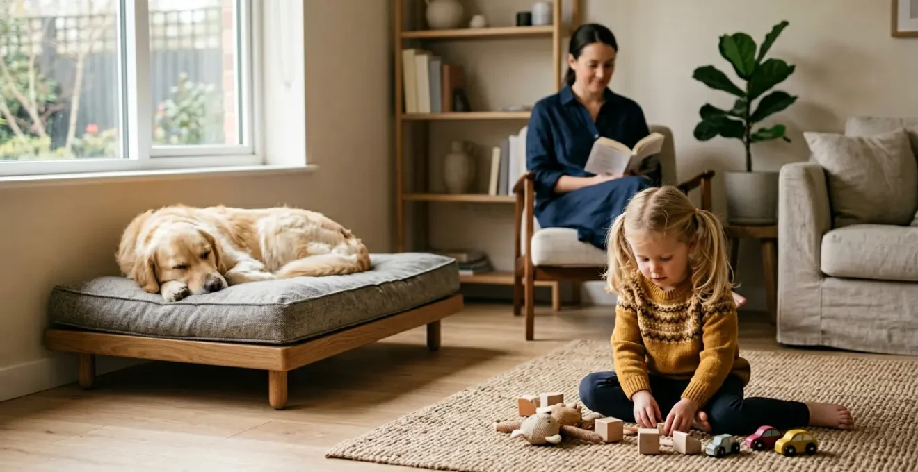 Un salon familial avec un chien labrador calme et un jeune enfant en présence d'un adulte qui supervise l'interaction de manière sécurisée