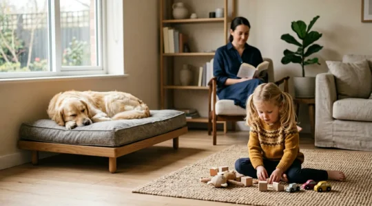 Un salon familial avec un chien labrador calme et un jeune enfant en présence d'un adulte qui supervise l'interaction de manière sécurisée