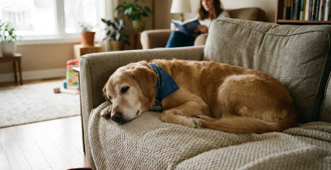 Chien adulte paisible dans un salon de famille d'accueil, atmosphère sereine