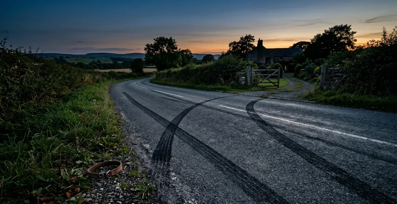 Scène d'accident routier avec traces de freinage et clôture de jardin ouverte au crépuscule