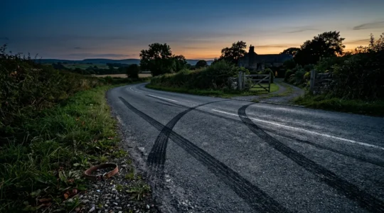 Scène d'accident routier avec traces de freinage et clôture de jardin ouverte au crépuscule