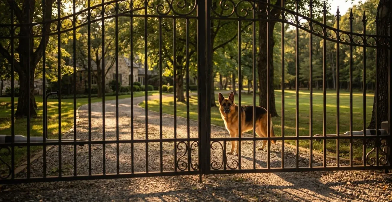 Chien de garde derrière un portail sécurisé d'une propriété