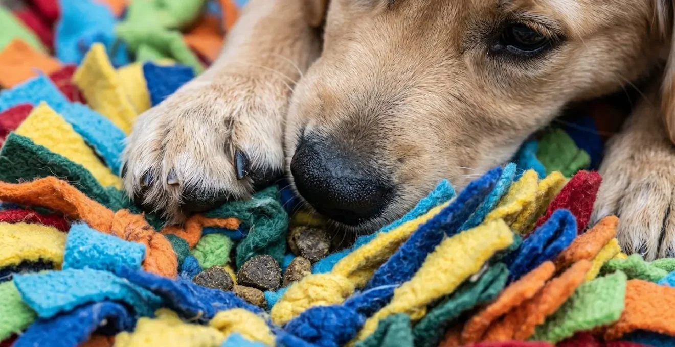 Chien concentré utilisant un tapis de fouille coloré pour chercher ses croquettes