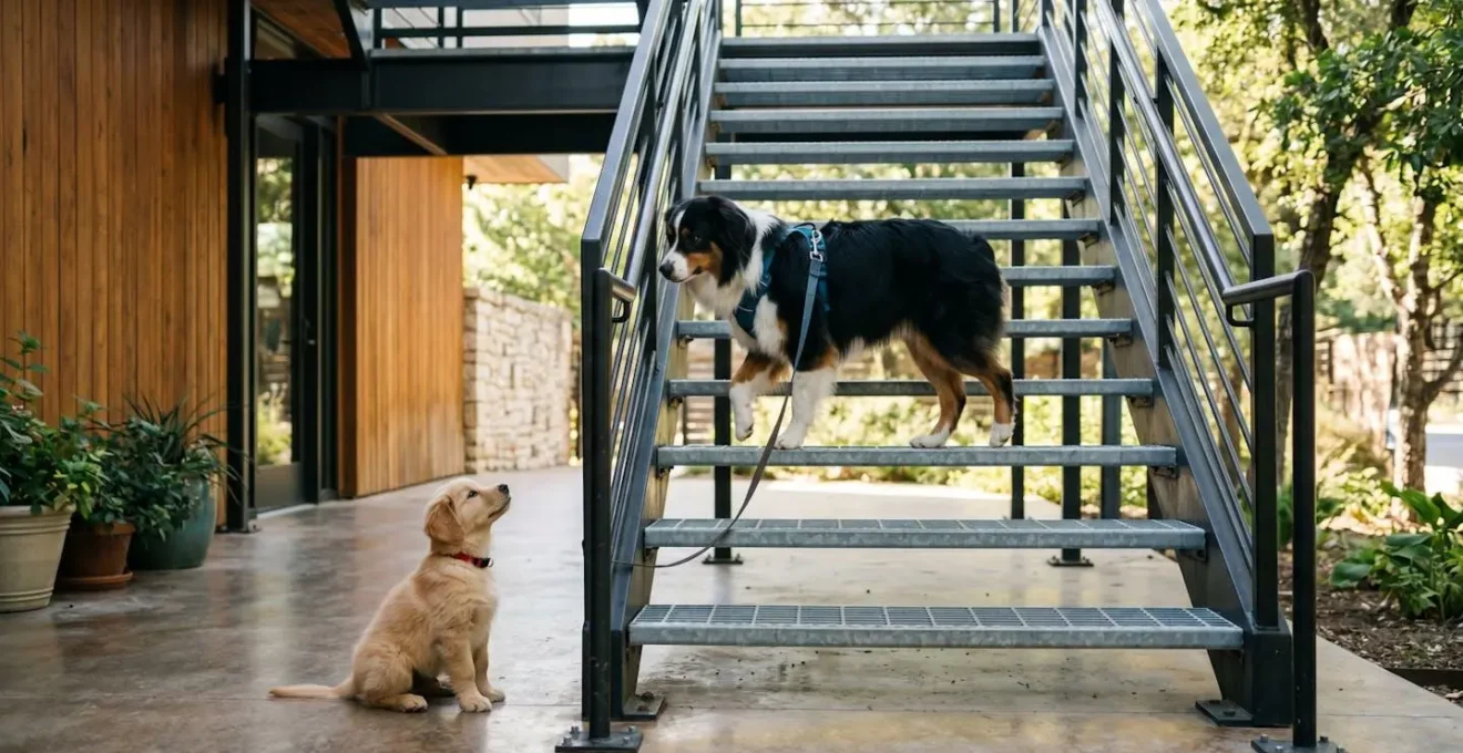 Chien adulte calme montant des escaliers métalliques ajourés pendant qu'un chiot l'observe depuis le bas