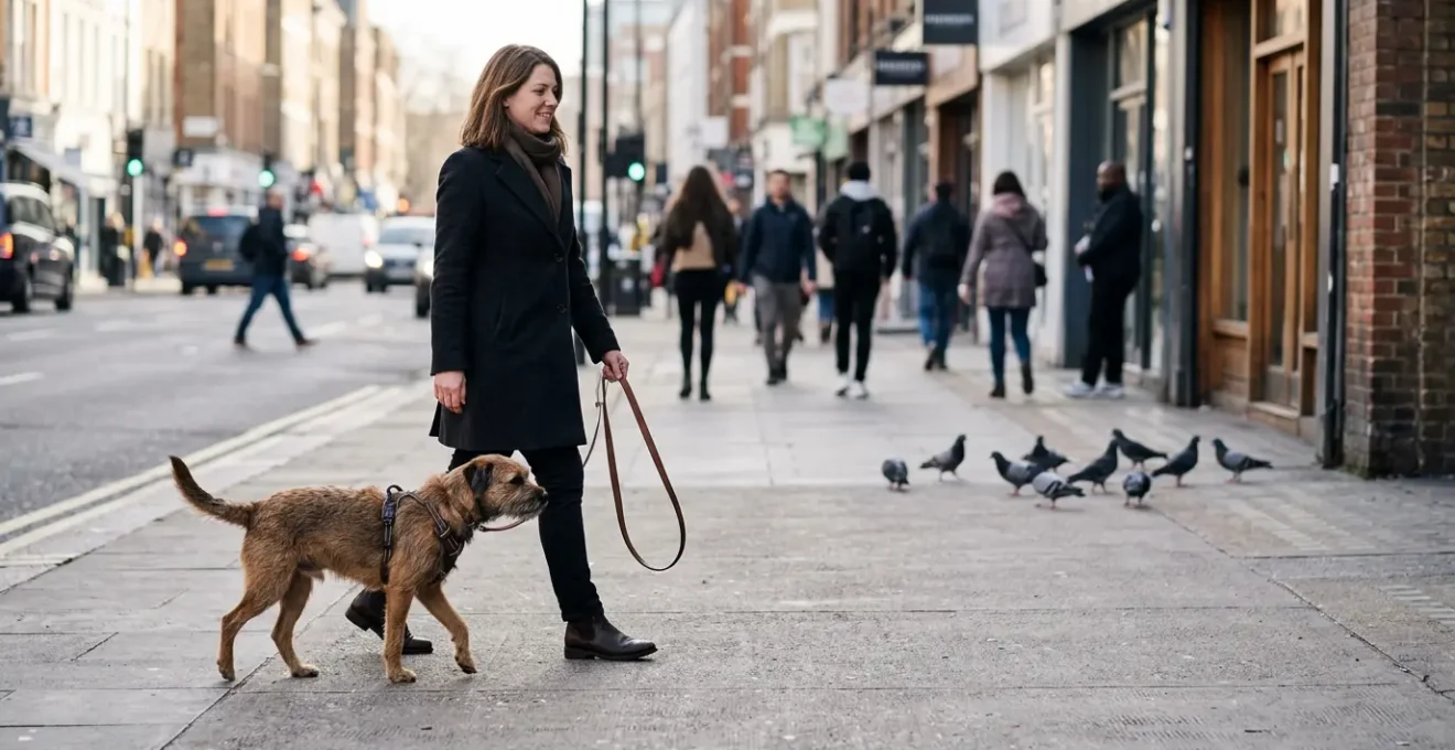Chien calme marchant en ville à côté de son maître sans tension dans la laisse