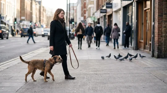 Chien calme marchant en ville à côté de son maître sans tension dans la laisse