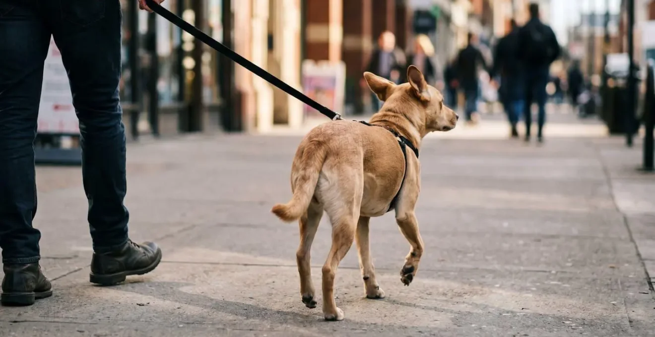 Chien en laisse dans un environnement urbain avec passants flous en arrière-plan